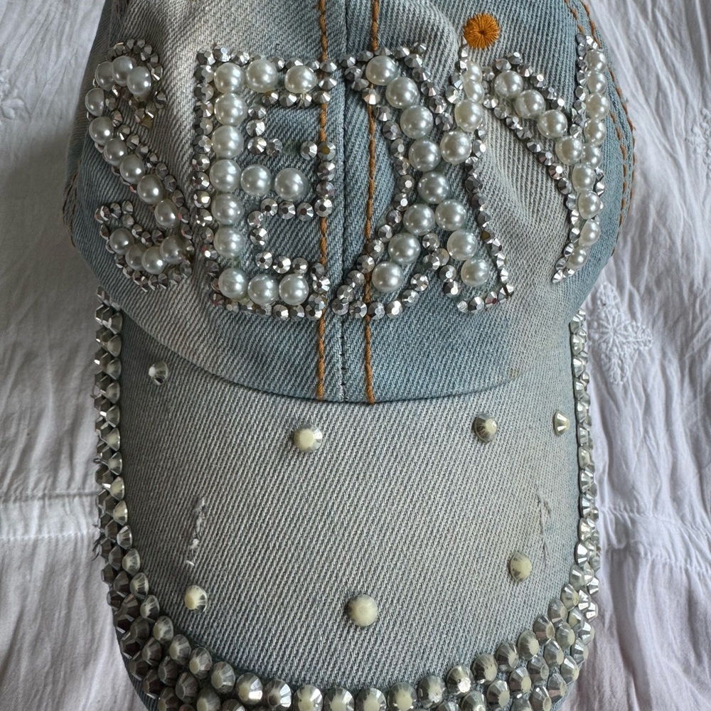 Embellished Denim Cap with Pearl Accents
